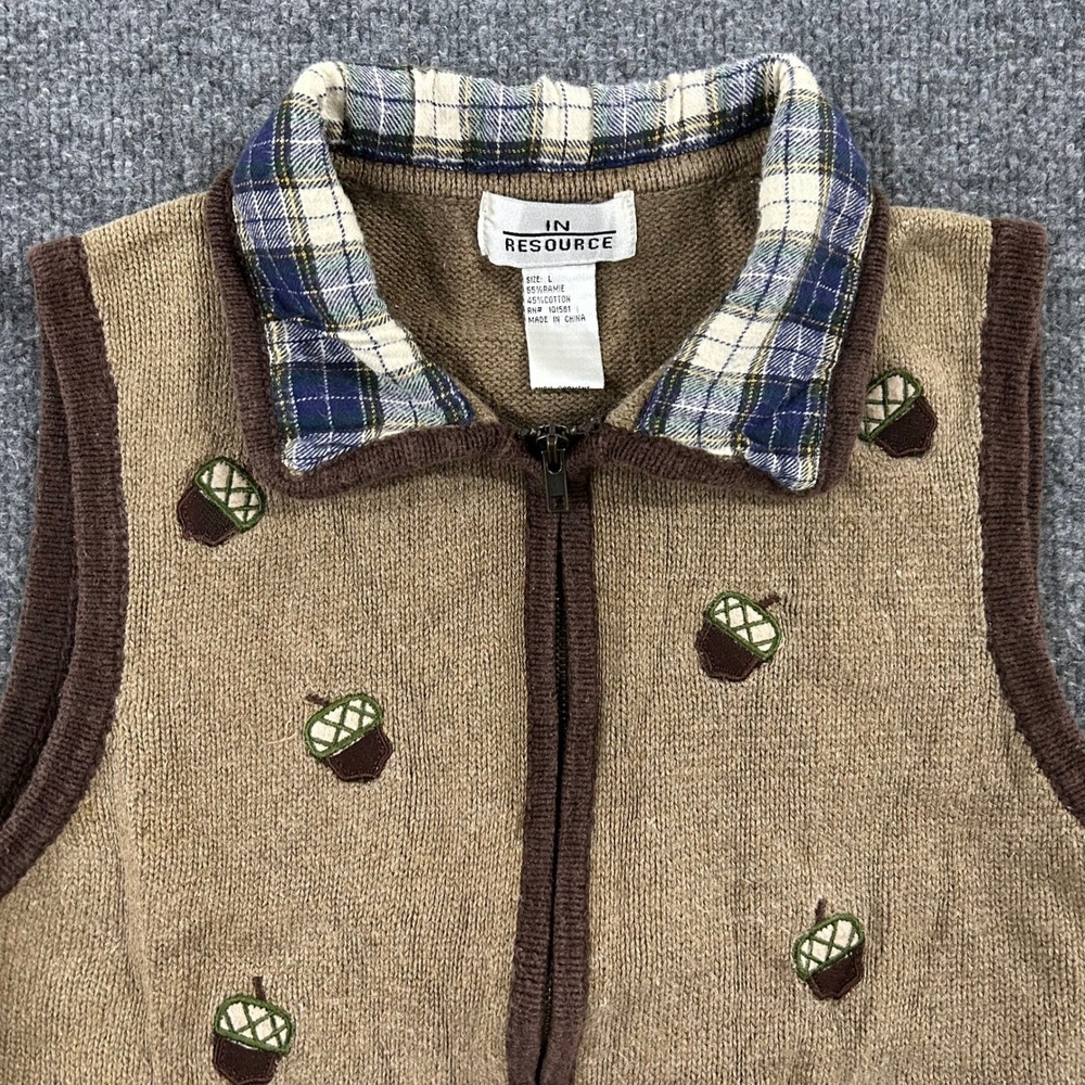 In Resource Sweater Vest Womens Size L Brown Ramie Cotton Zip Fall Harvest Plaid